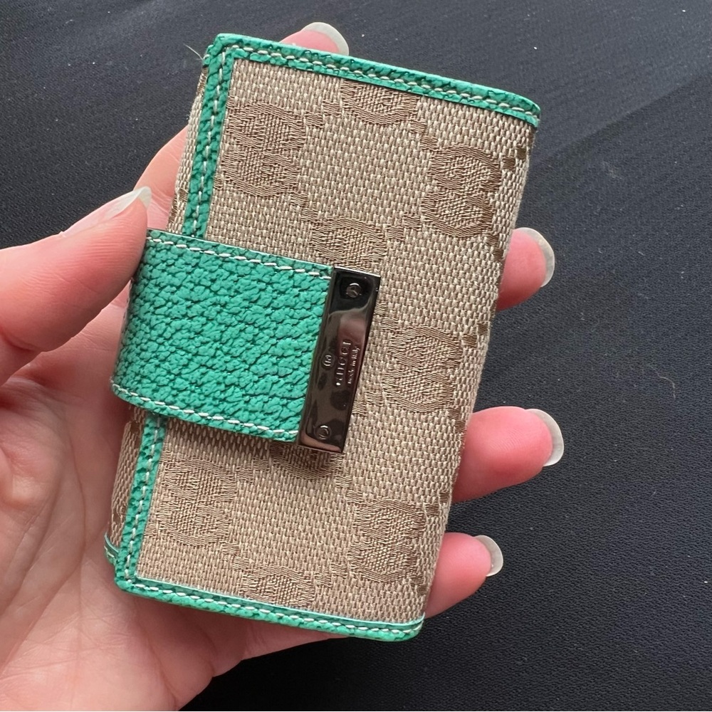 Gucci Beige Monogram Card Case Wallet with Mint Green Trim